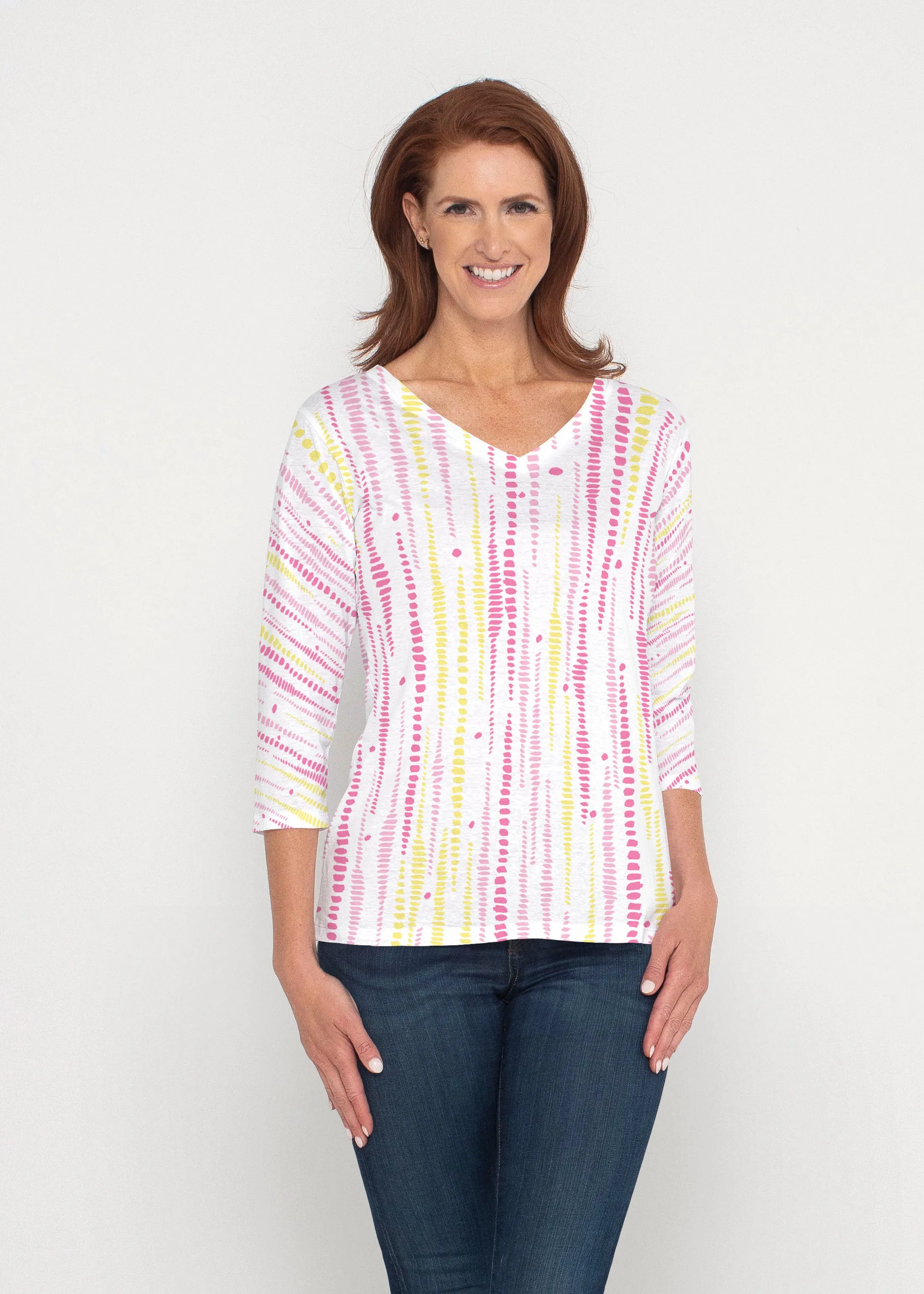 Pebble Dots Pink (7938) ~ Signature 3/4 Sleeve V-Neck Top