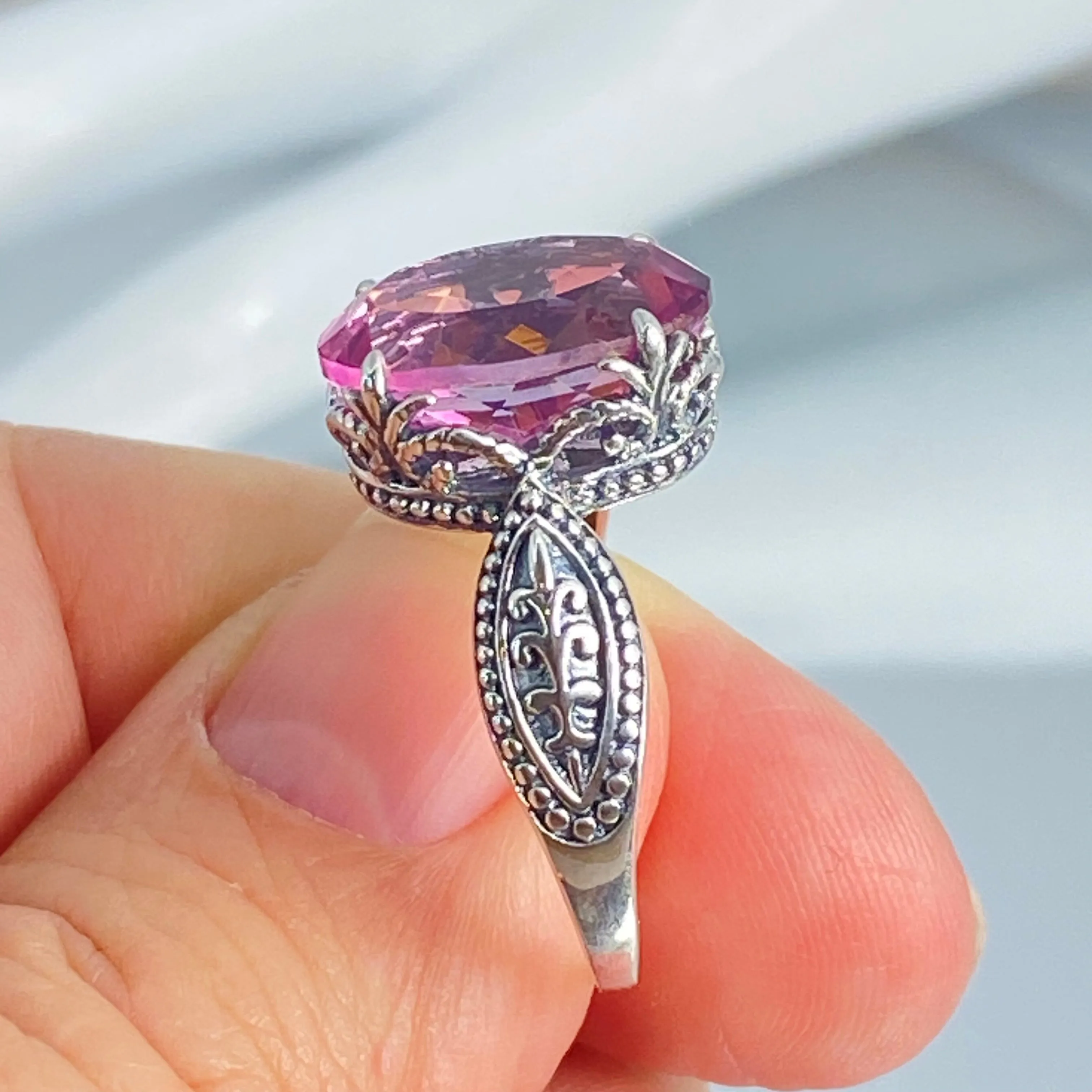 Pink CZ or Natural Pink Topaz Ring, Dragon Filigree, Gothic Jewelry #D133
