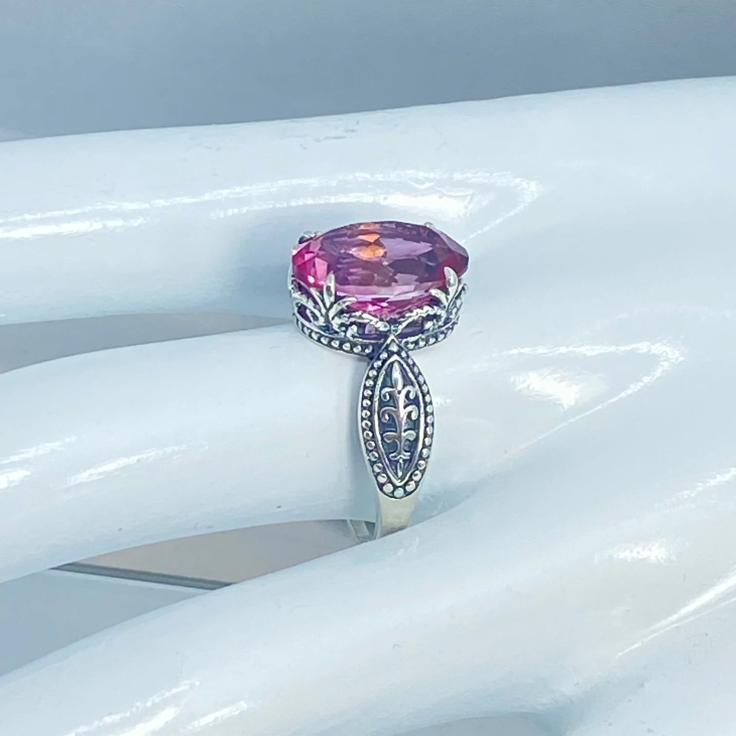 Pink CZ or Natural Pink Topaz Ring, Dragon Filigree, Gothic Jewelry #D133