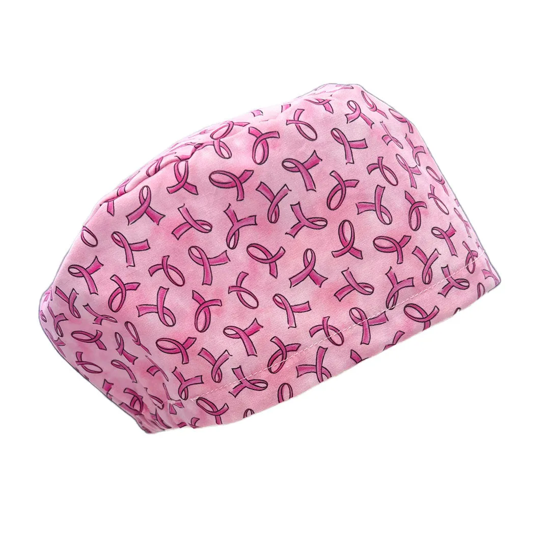 Pink Ribbon Elastic Back Scrub Caps - 1015E