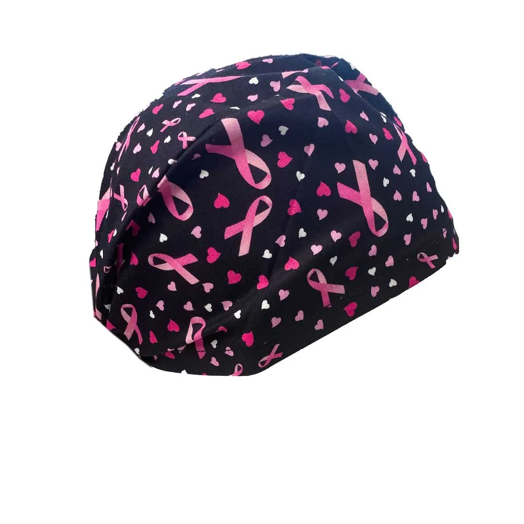 Pink Ribbon Elastic Back Scrub Caps - 1015E