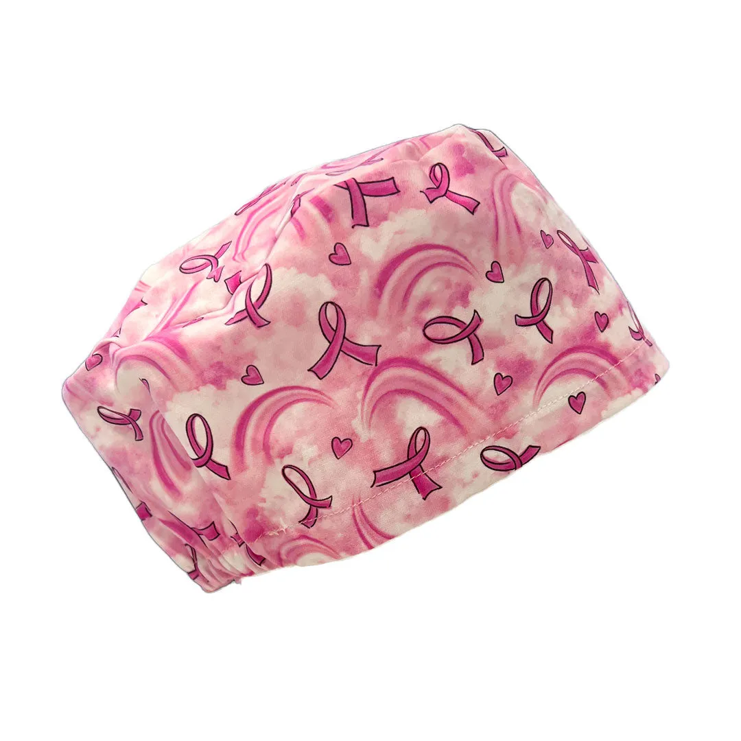 Pink Ribbon Elastic Back Scrub Caps - 1015E