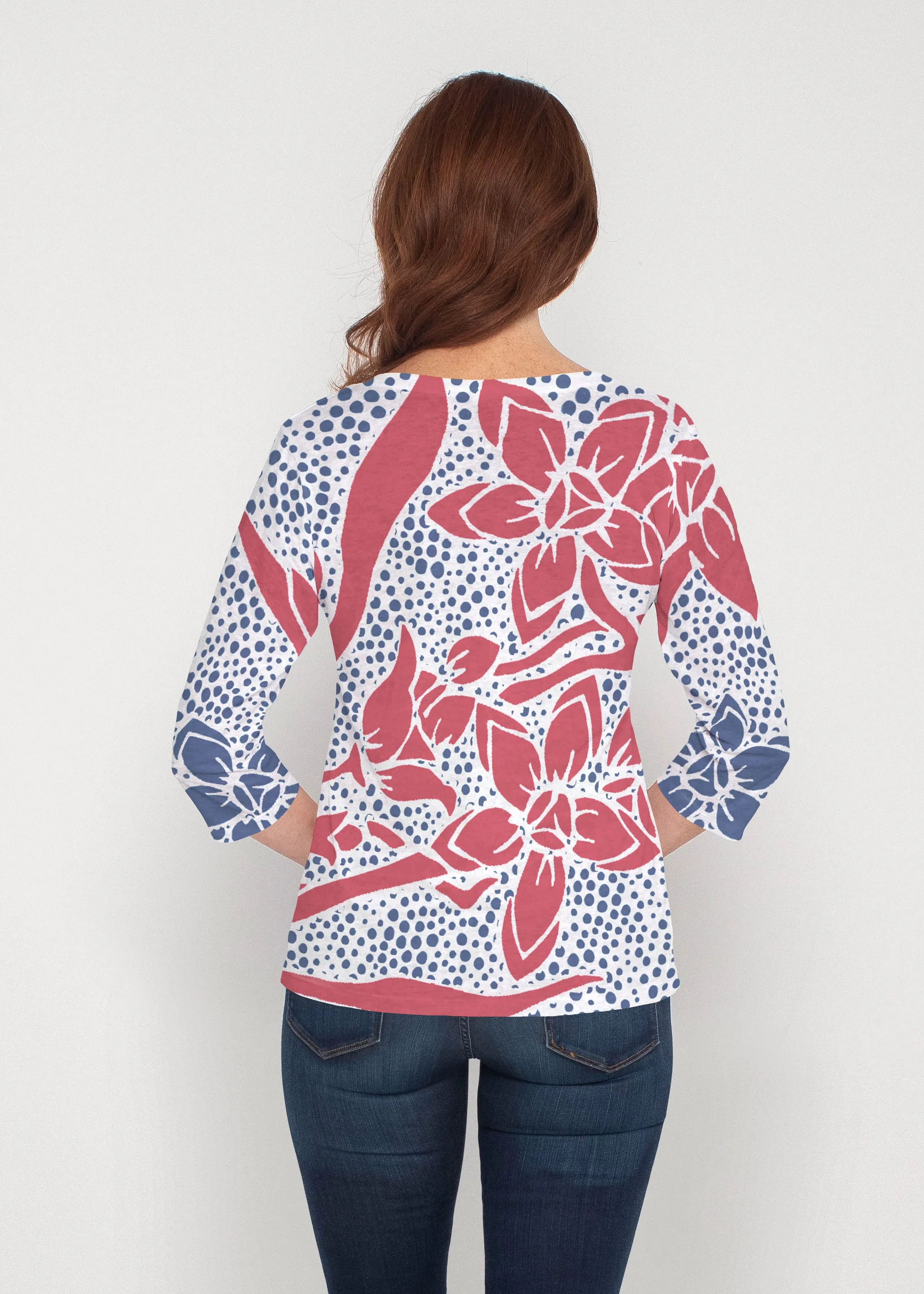Polka Vine Red-Blue (8131) ~ Signature 3/4 Sleeve V-Neck Top