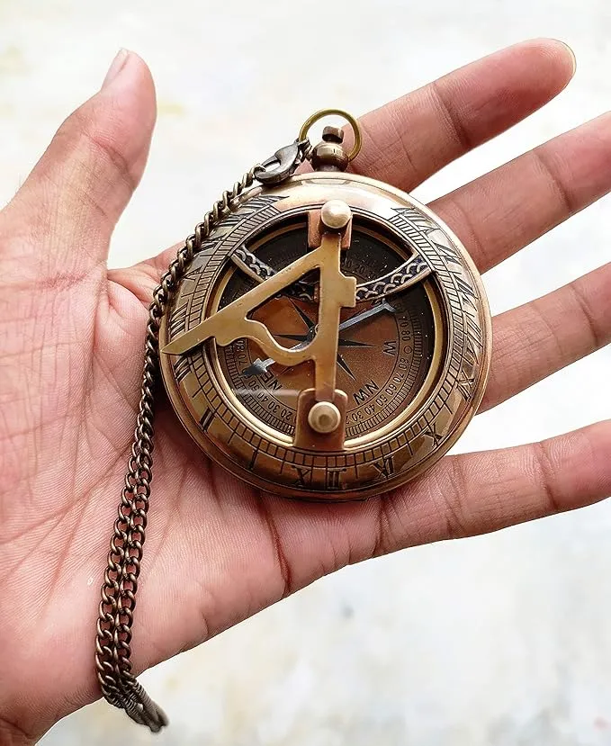 PORTHO Engraved Sundial compass with leather case for Traveler Inspirational Adventurer Wedding Baptism Gift for him