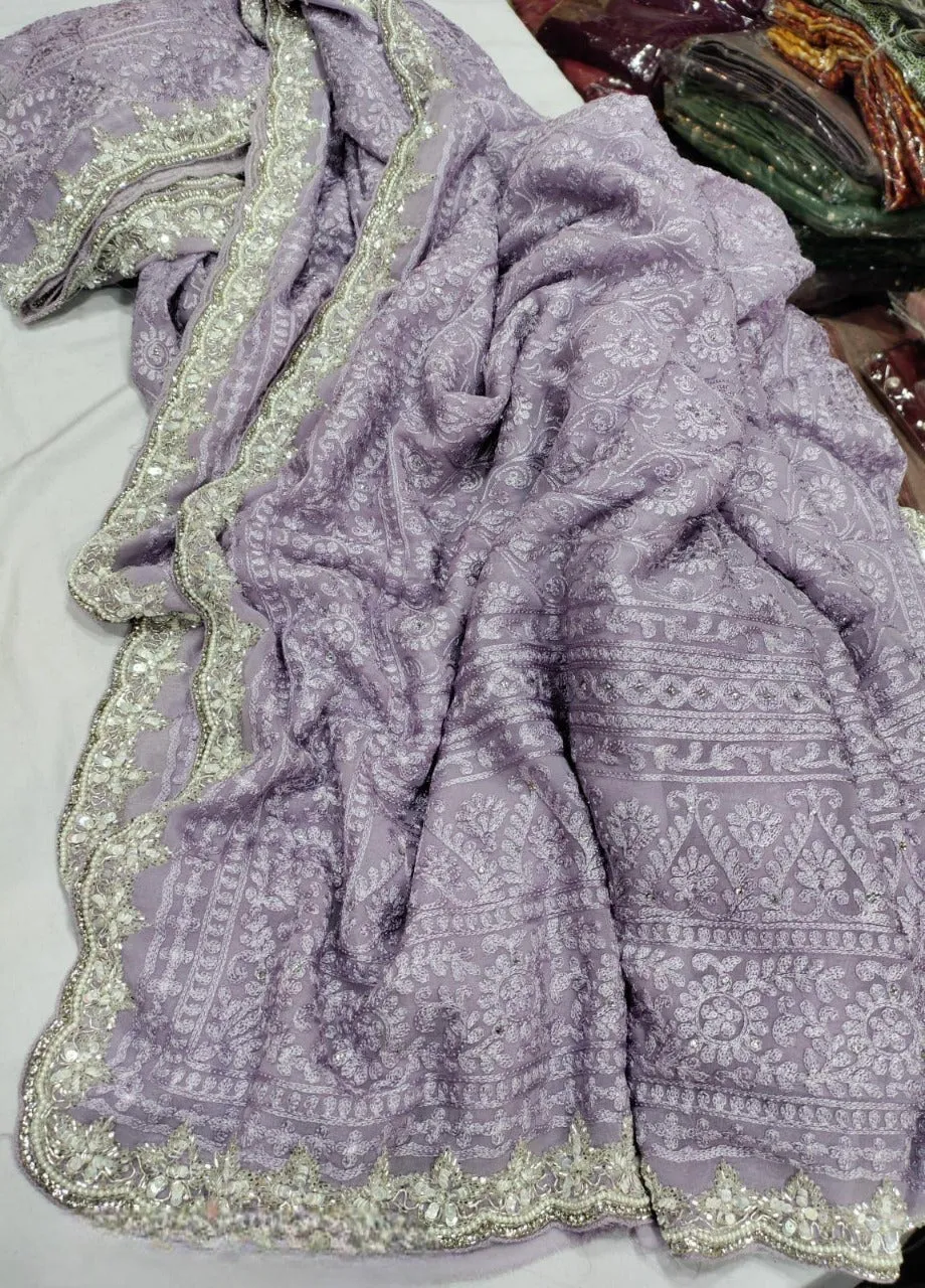 Pure Georgette Chikankari Dyeable Embroidery Work Saree