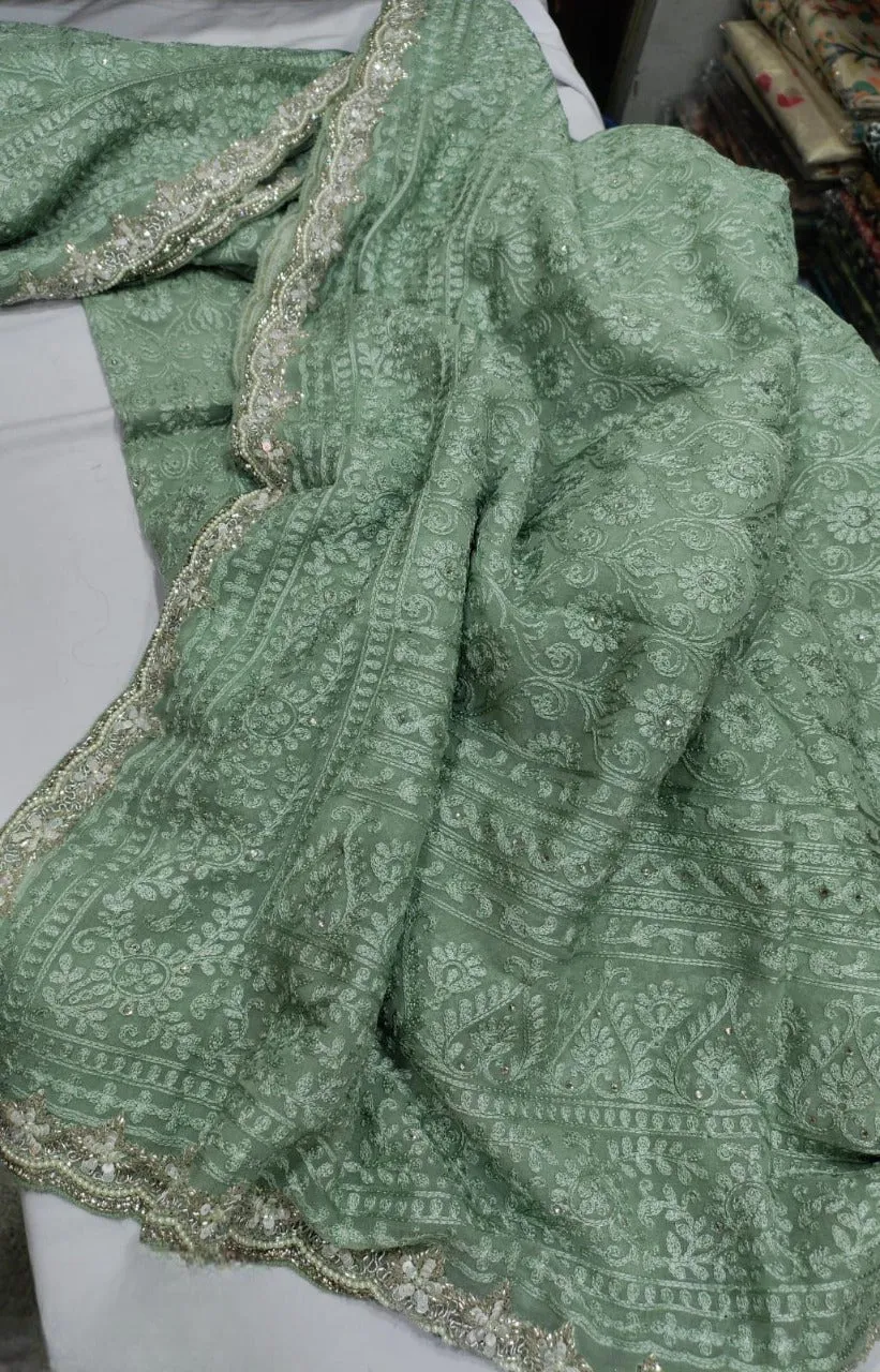 Pure Georgette Chikankari Dyeable Embroidery Work Saree