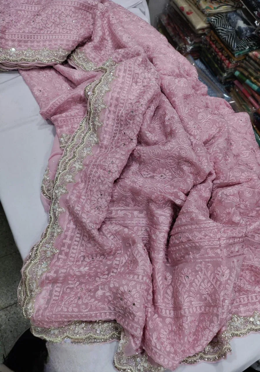 Pure Georgette Chikankari Dyeable Embroidery Work Saree