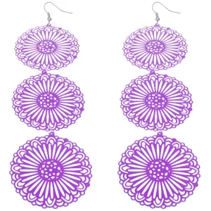 Purple Long Triple Sunburst Dangle Earrings