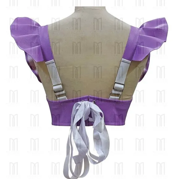 Purple Underwire Faux Leather Short Bustier with Adjustable Pleated Sleeves