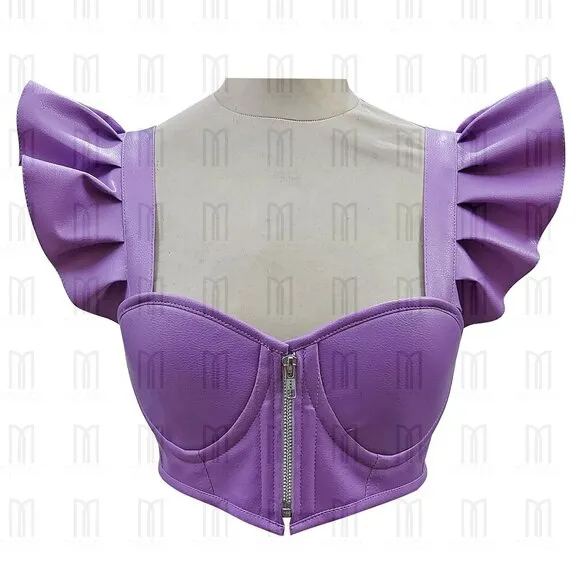 Purple Underwire Faux Leather Short Bustier with Adjustable Pleated Sleeves