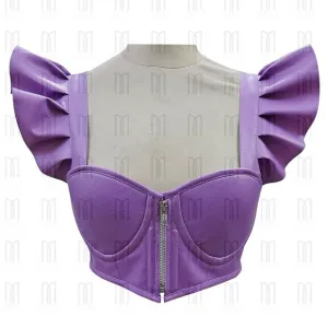 Purple Underwire Faux Leather Short Bustier with Adjustable Pleated Sleeves