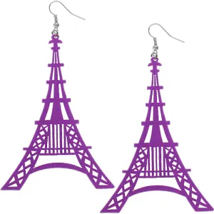 Purple Wooden Paris Eiffel Tower Dangle Earrings