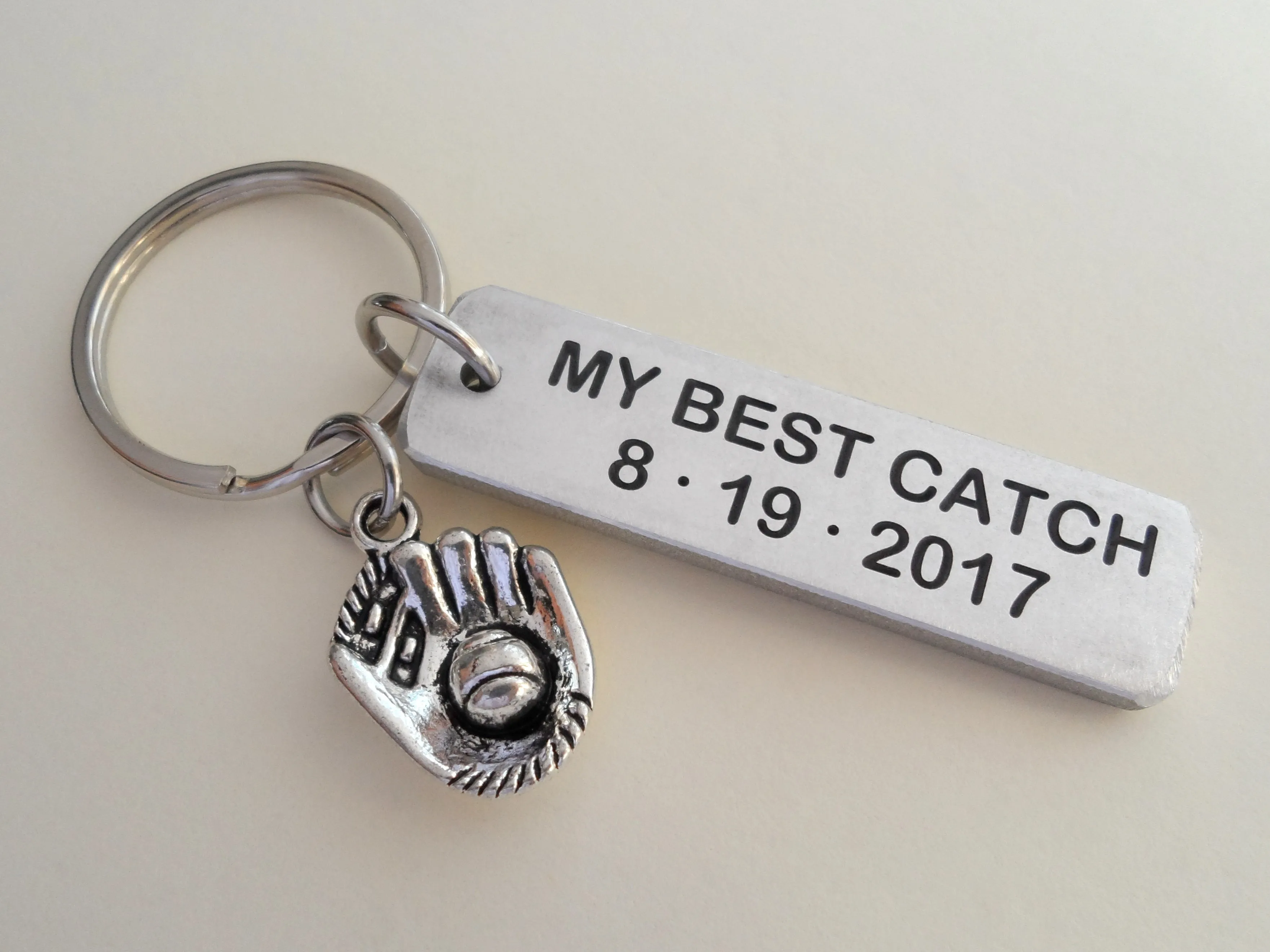 "My Best Catch" Engraved on Aluminum Tag Keychain and Baseball Mitt Charm Keychain; Couples Keychain, Personalized Option