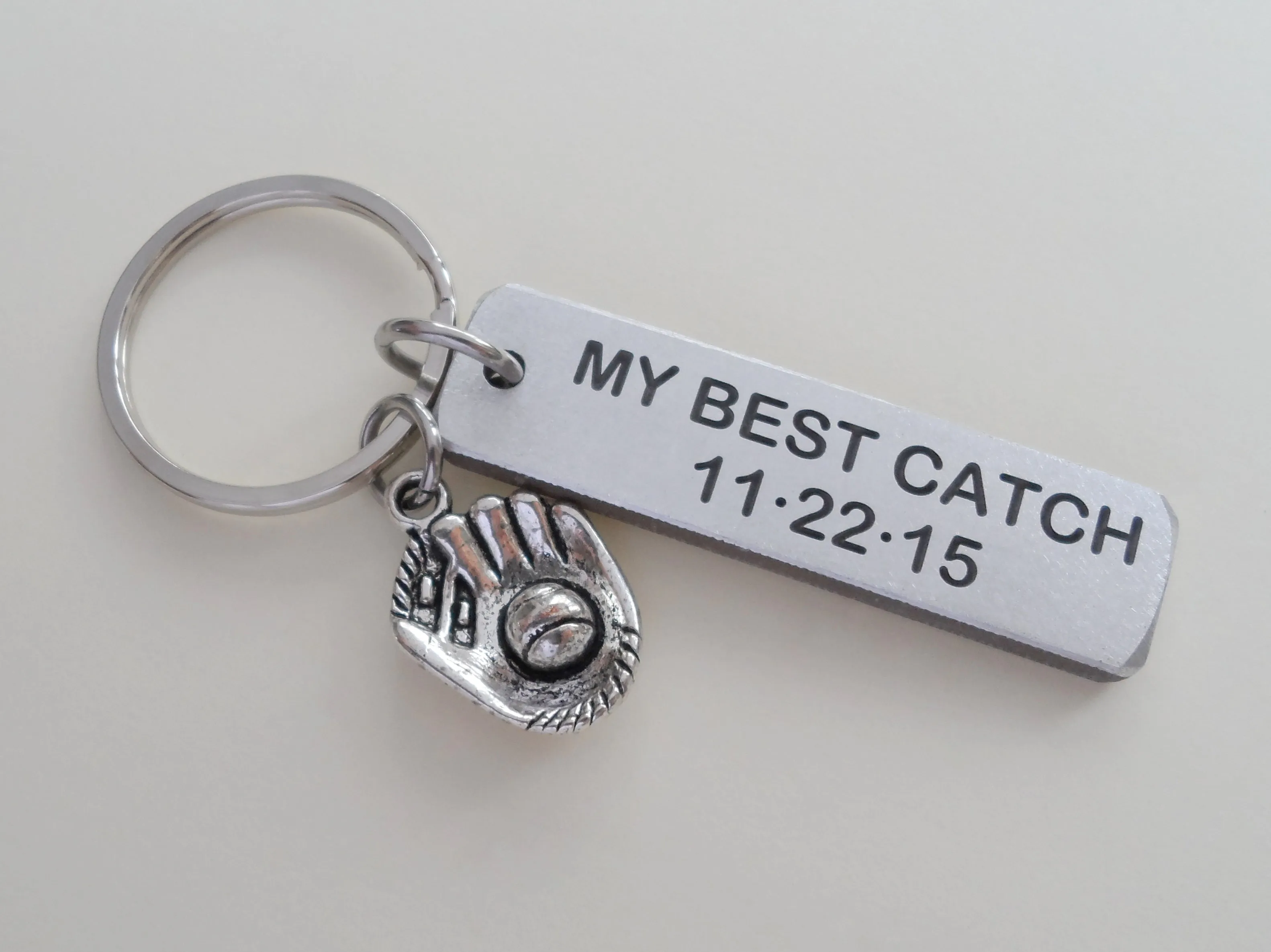 "My Best Catch" Engraved on Aluminum Tag Keychain and Baseball Mitt Charm Keychain; Couples Keychain, Personalized Option