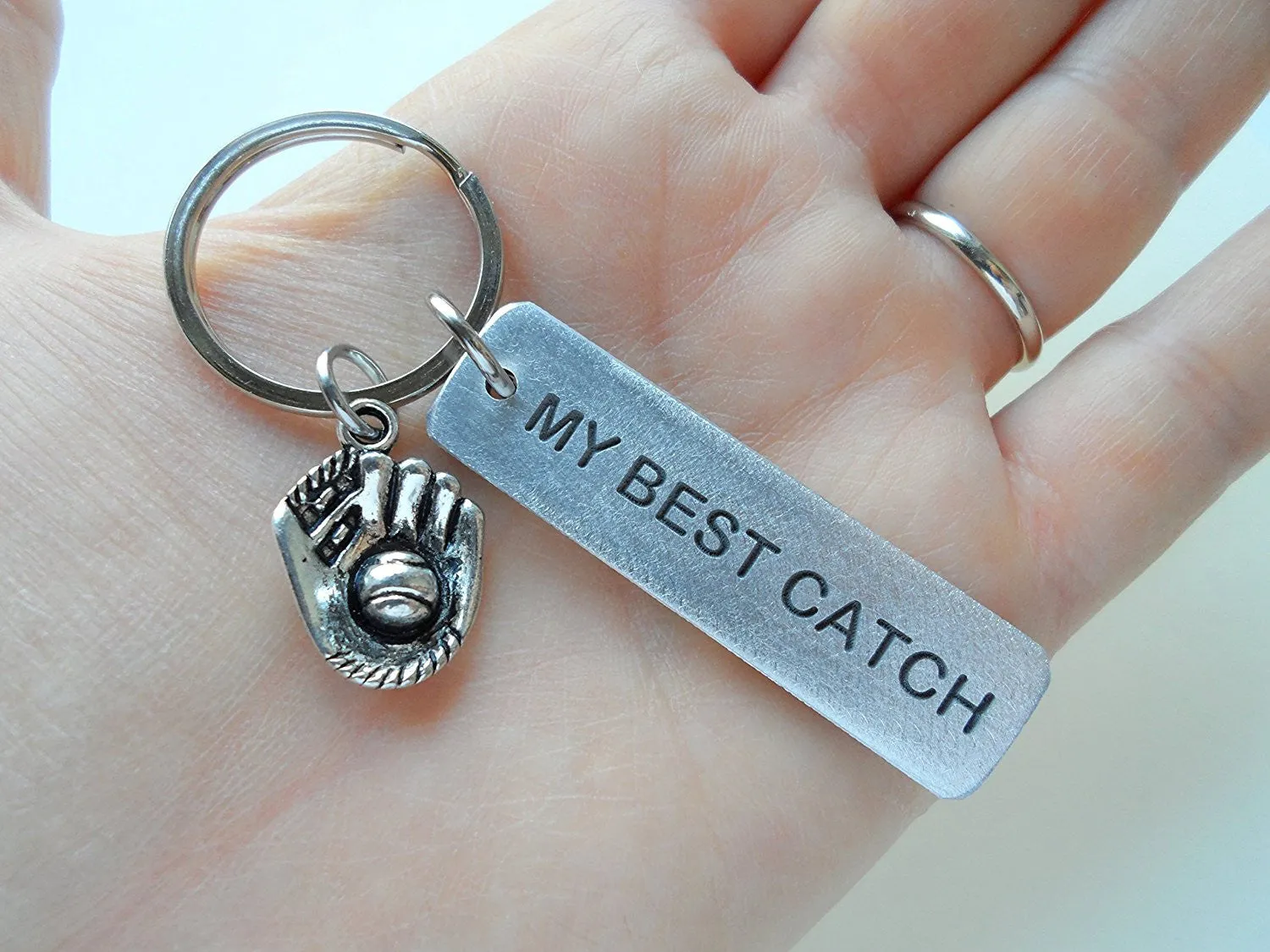 "My Best Catch" Engraved on Aluminum Tag Keychain and Baseball Mitt Charm Keychain; Couples Keychain, Personalized Option