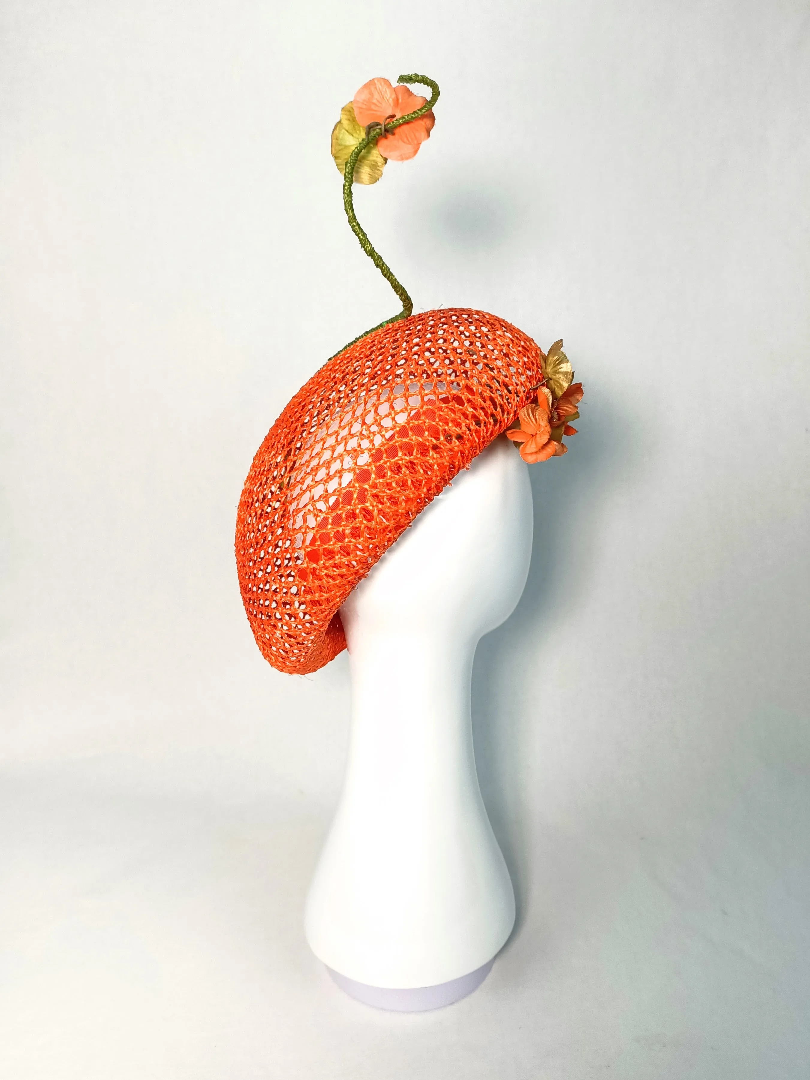 "Yvette" Iridescent Orange Honeycomb Rattan Oversized Straw Beret With Bound Feather Quill and Handmade Flowers