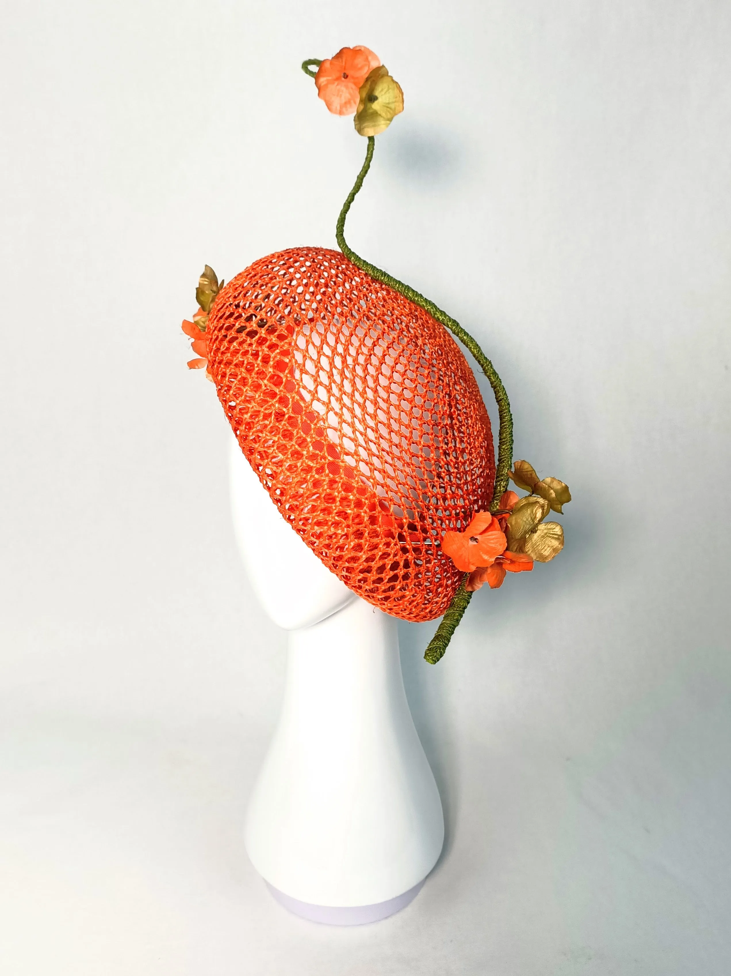 "Yvette" Iridescent Orange Honeycomb Rattan Oversized Straw Beret With Bound Feather Quill and Handmade Flowers