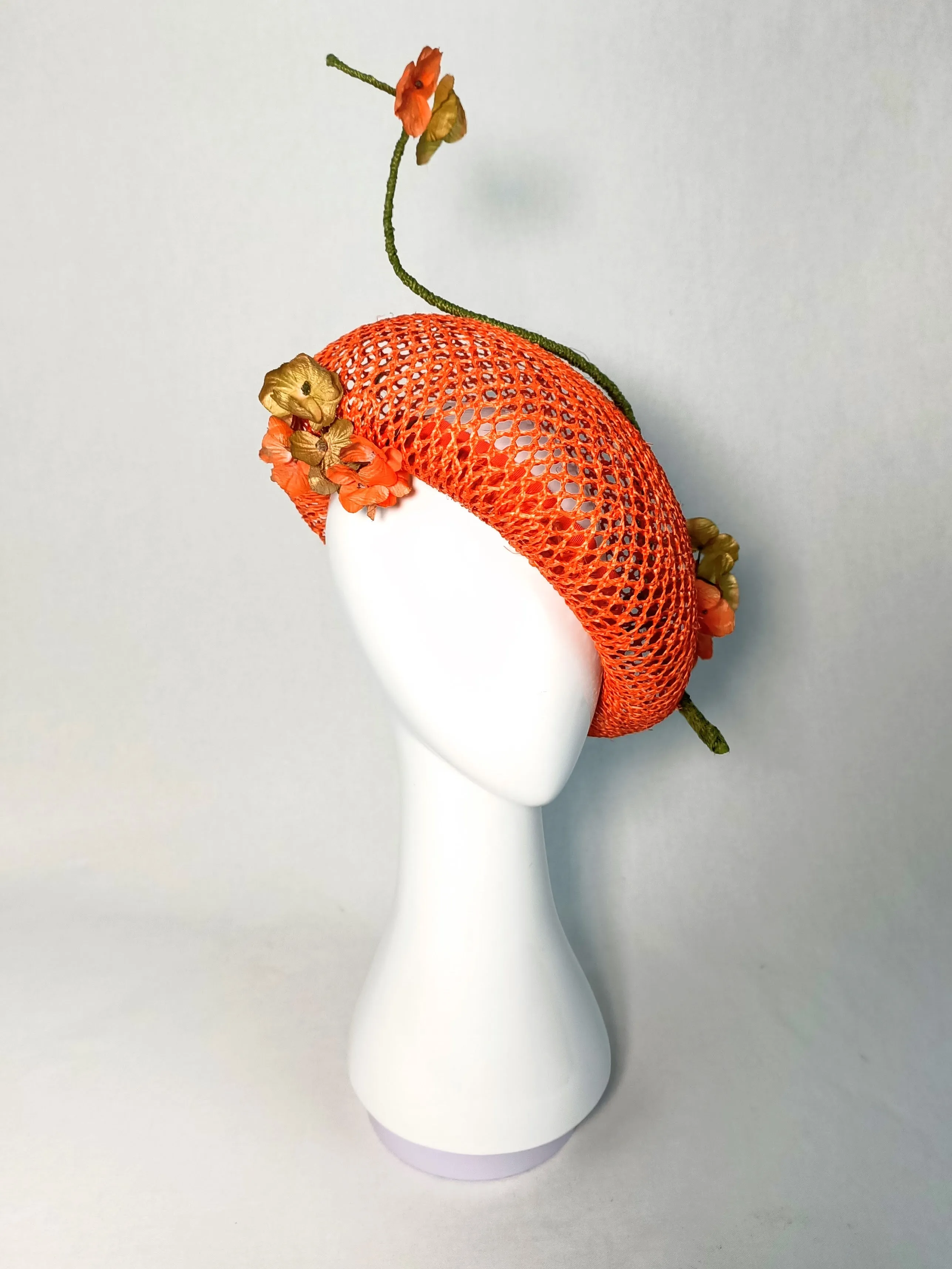 "Yvette" Iridescent Orange Honeycomb Rattan Oversized Straw Beret With Bound Feather Quill and Handmade Flowers