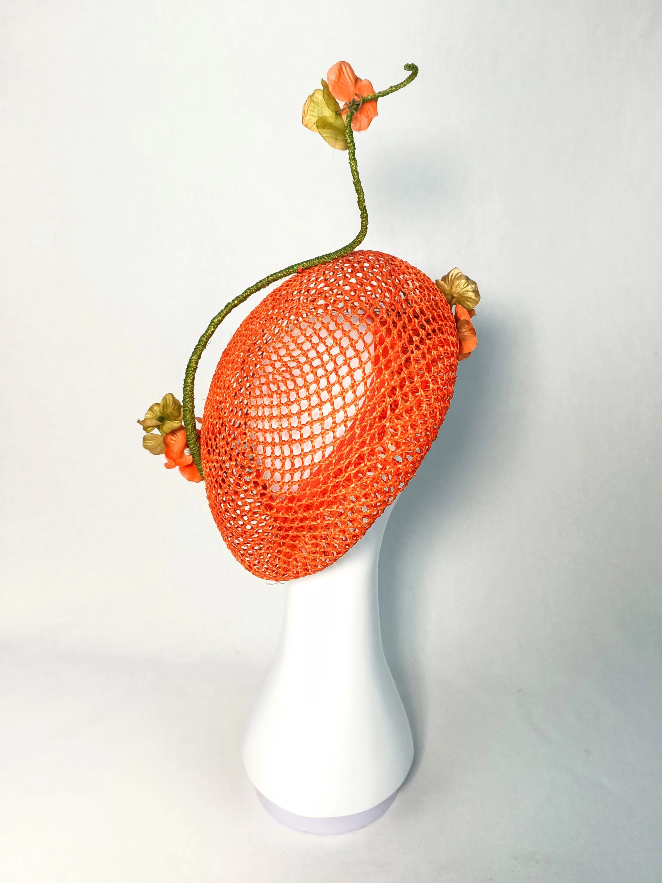 "Yvette" Iridescent Orange Honeycomb Rattan Oversized Straw Beret With Bound Feather Quill and Handmade Flowers