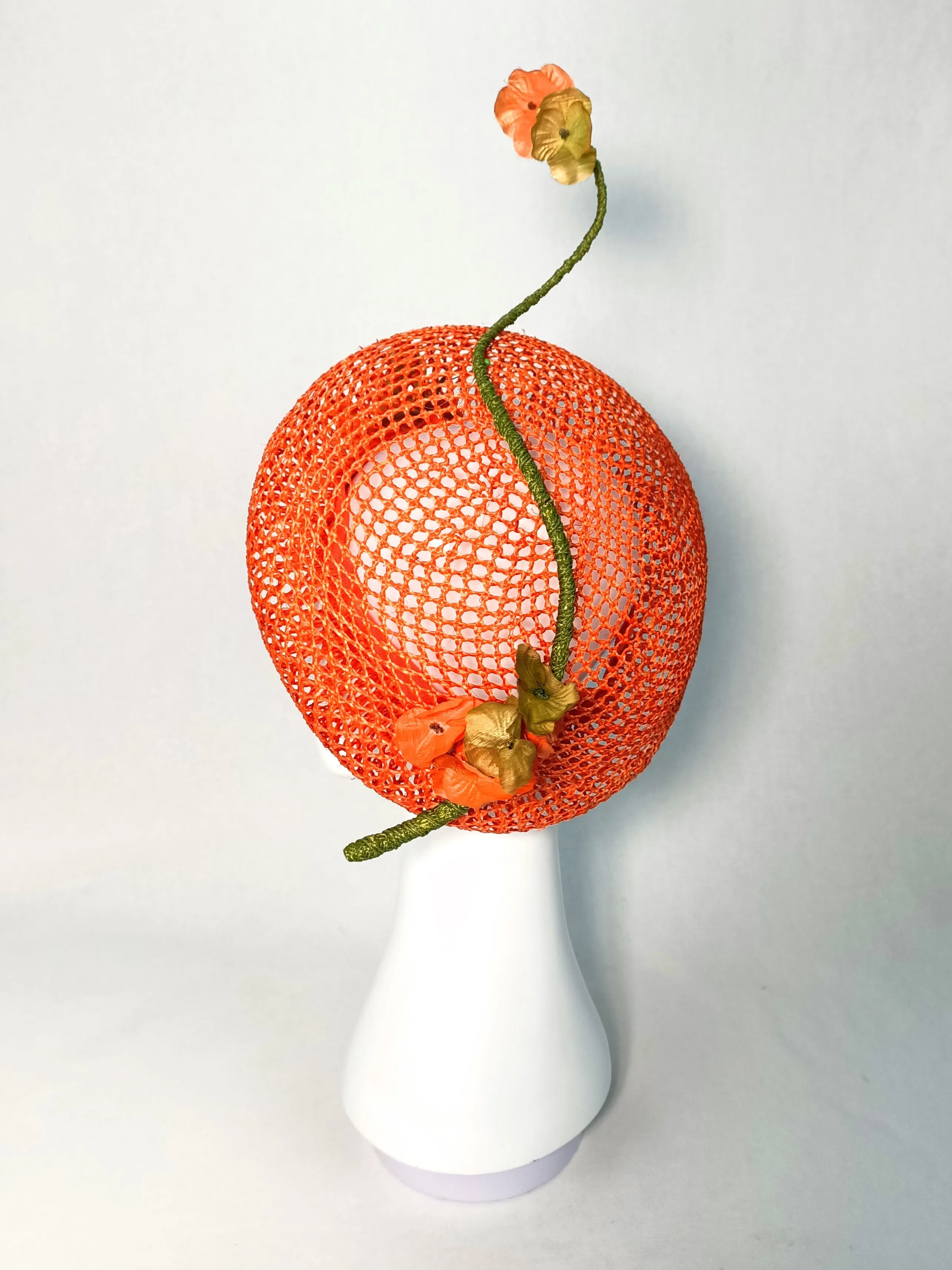 "Yvette" Iridescent Orange Honeycomb Rattan Oversized Straw Beret With Bound Feather Quill and Handmade Flowers