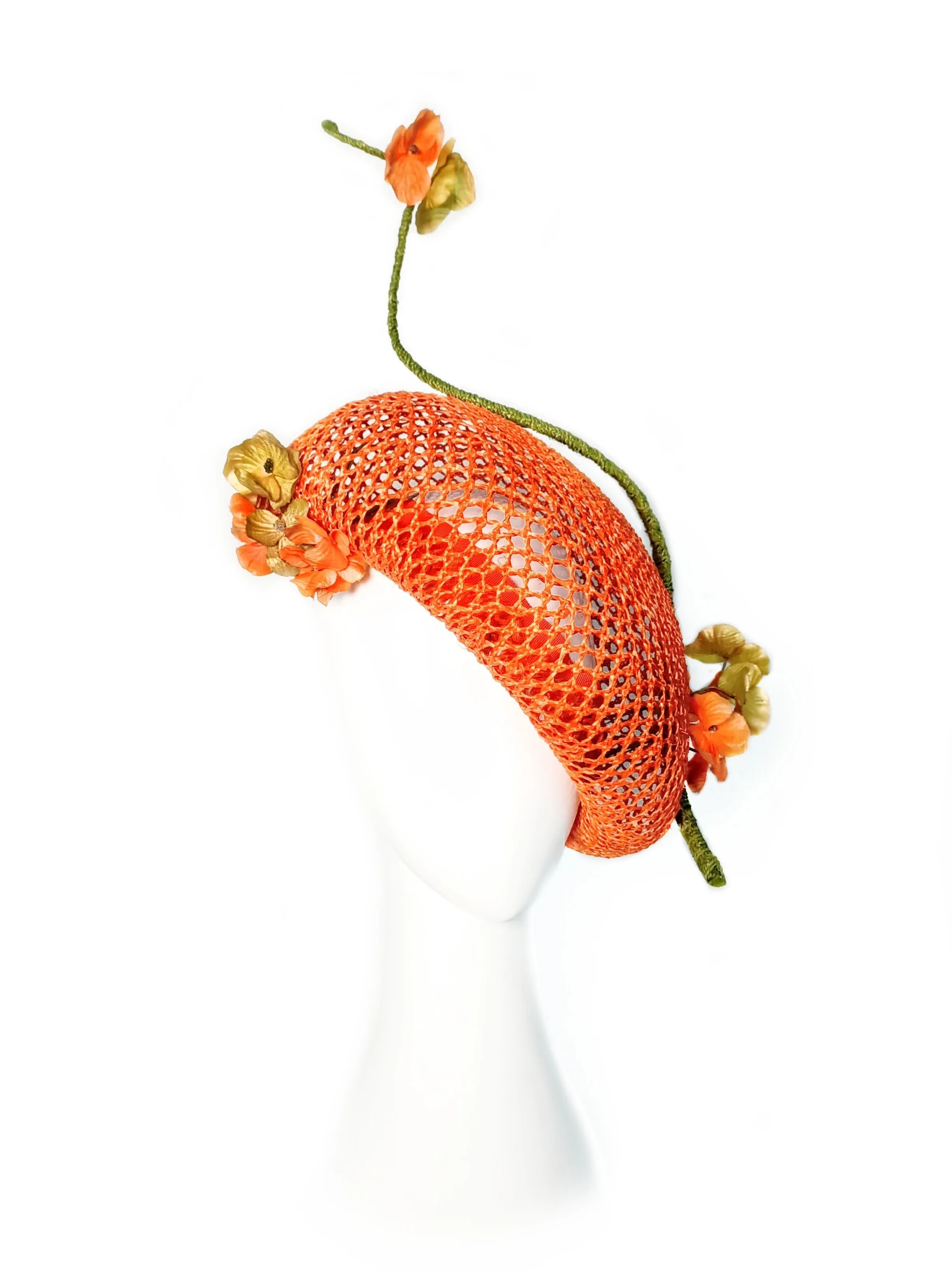 "Yvette" Iridescent Orange Honeycomb Rattan Oversized Straw Beret With Bound Feather Quill and Handmade Flowers