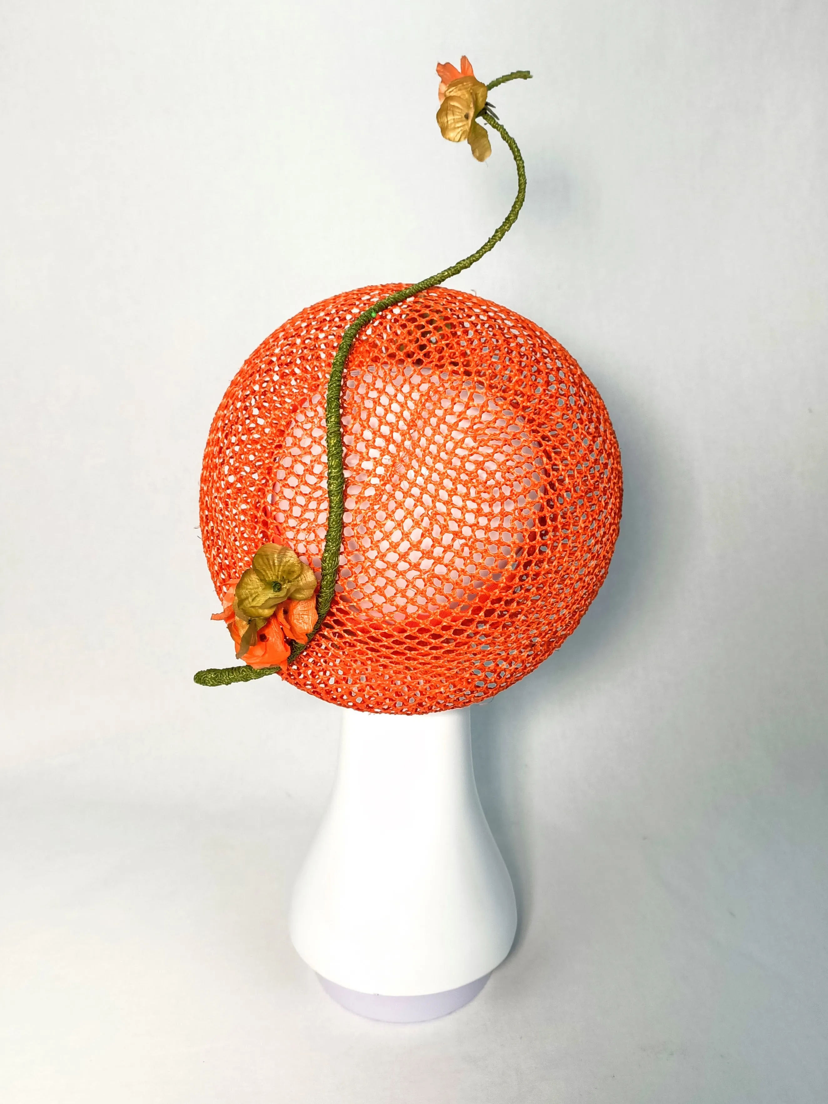 "Yvette" Iridescent Orange Honeycomb Rattan Oversized Straw Beret With Bound Feather Quill and Handmade Flowers