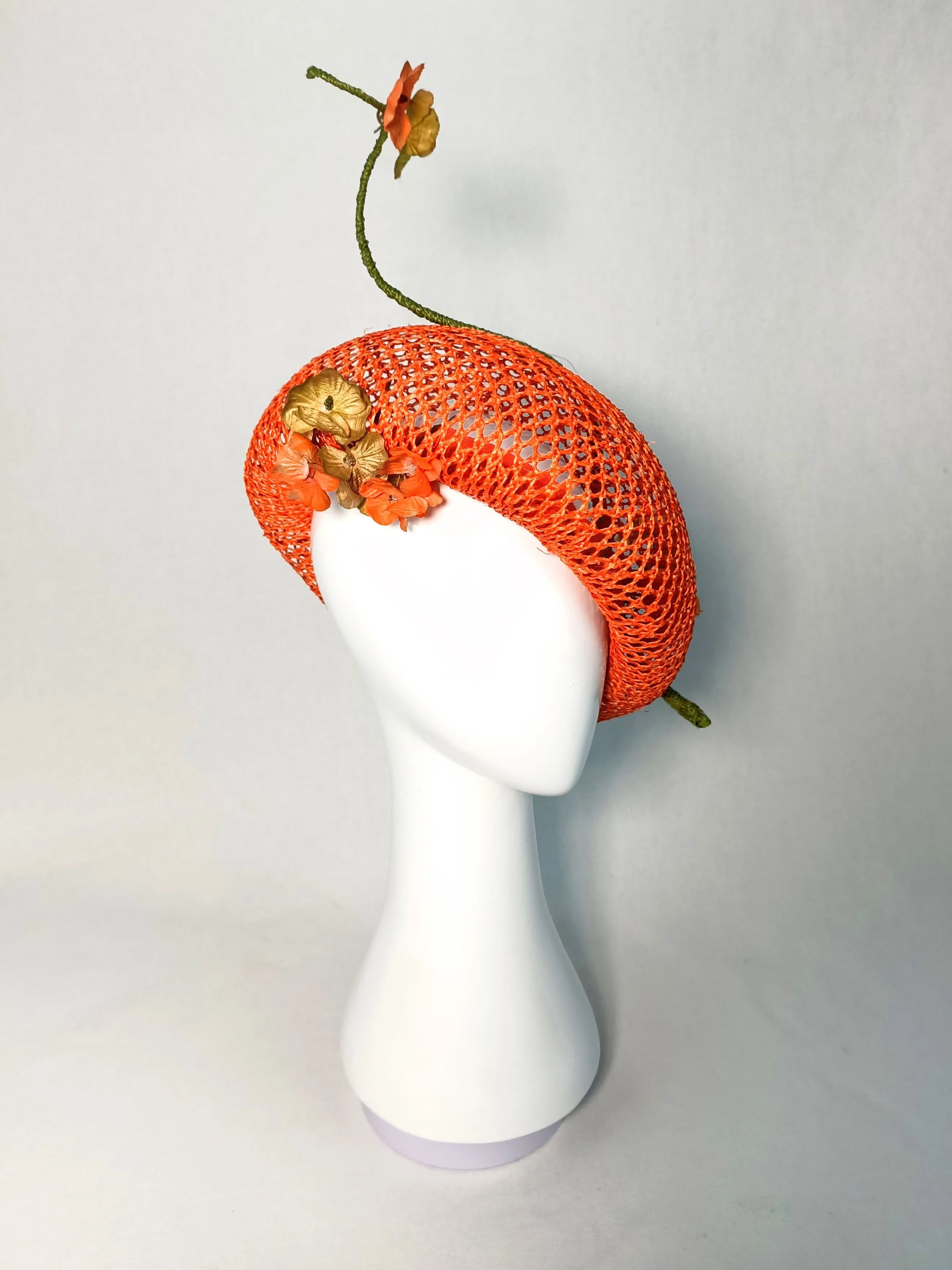 "Yvette" Iridescent Orange Honeycomb Rattan Oversized Straw Beret With Bound Feather Quill and Handmade Flowers