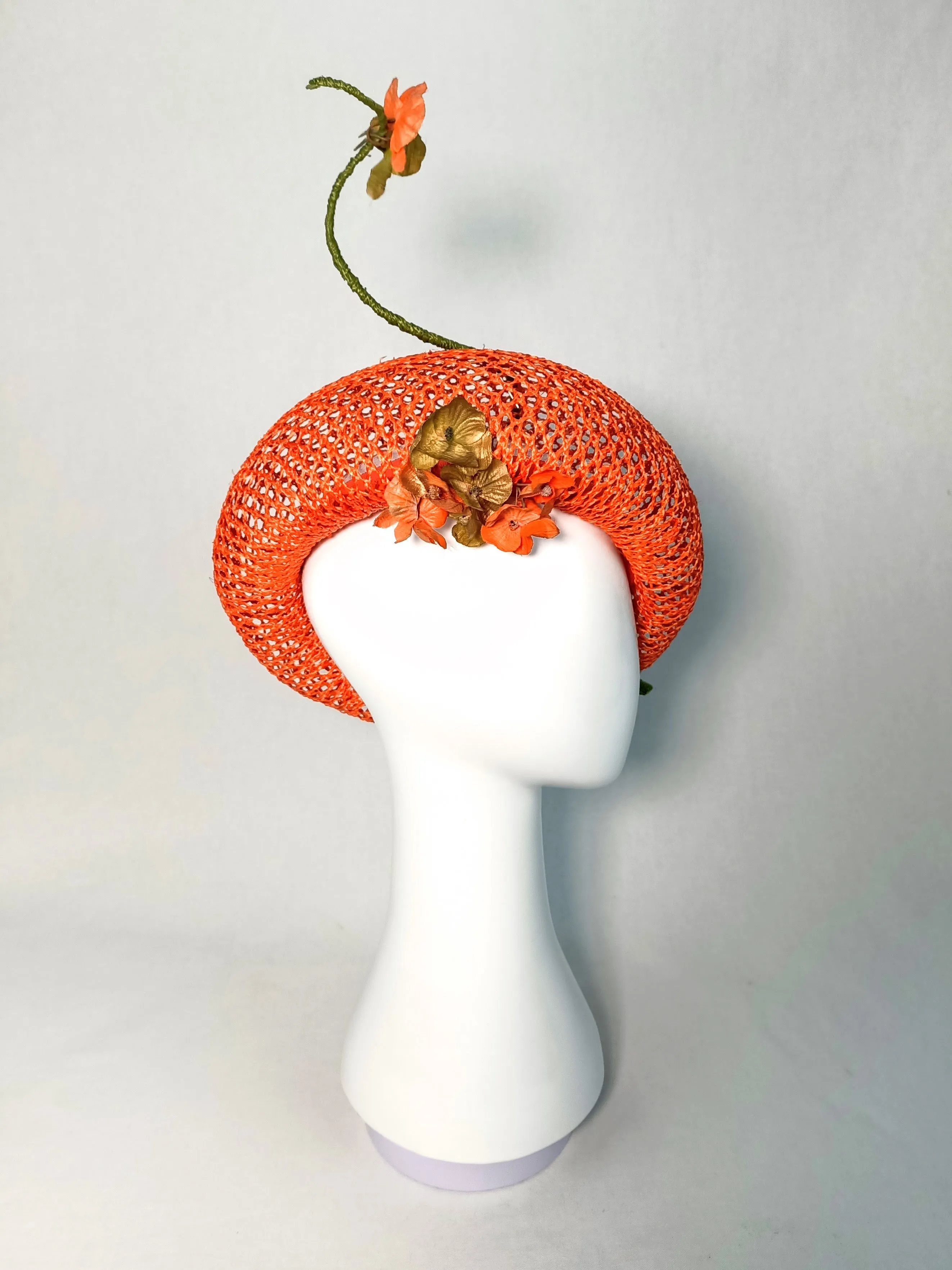 "Yvette" Iridescent Orange Honeycomb Rattan Oversized Straw Beret With Bound Feather Quill and Handmade Flowers