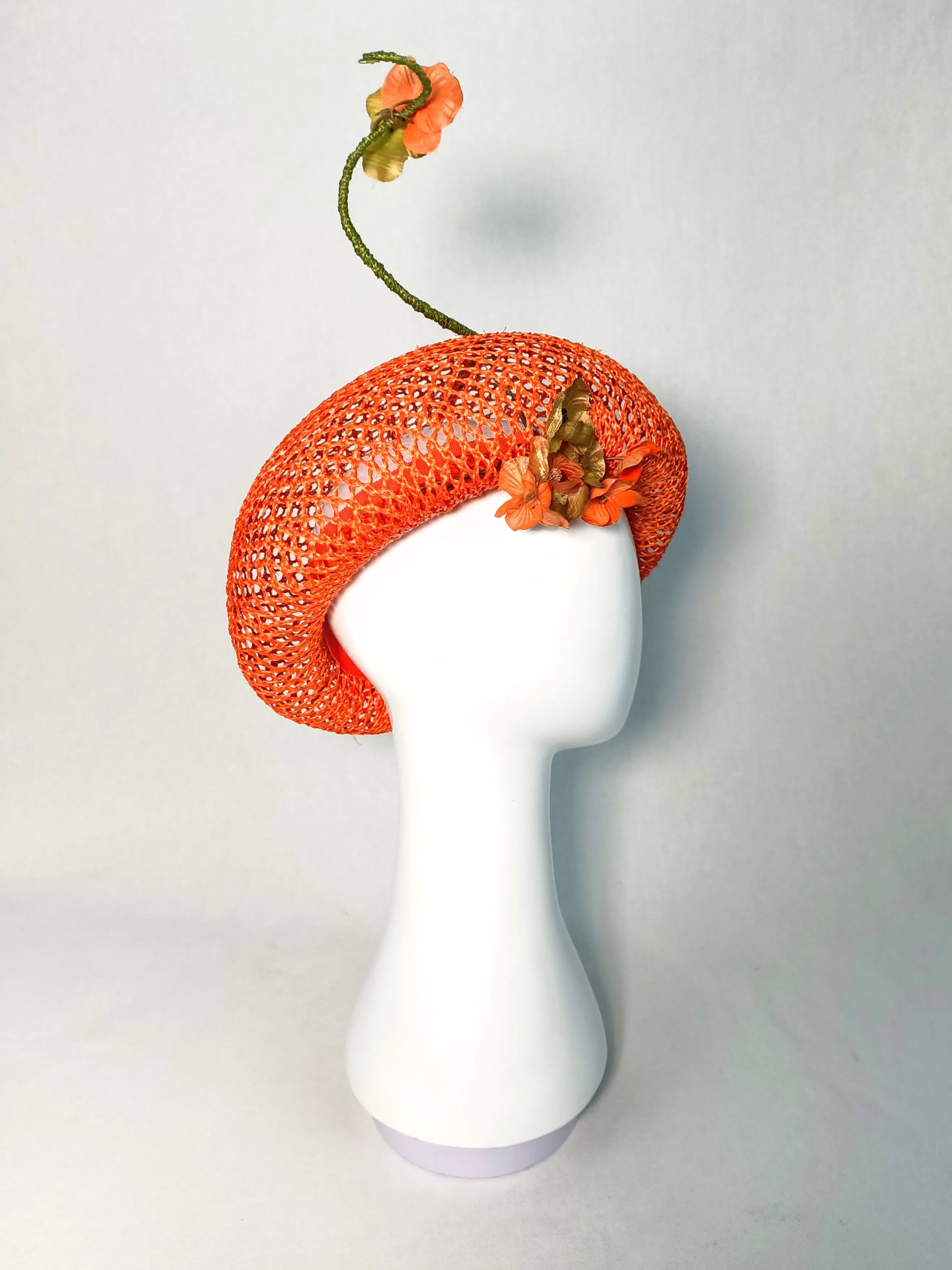"Yvette" Iridescent Orange Honeycomb Rattan Oversized Straw Beret With Bound Feather Quill and Handmade Flowers