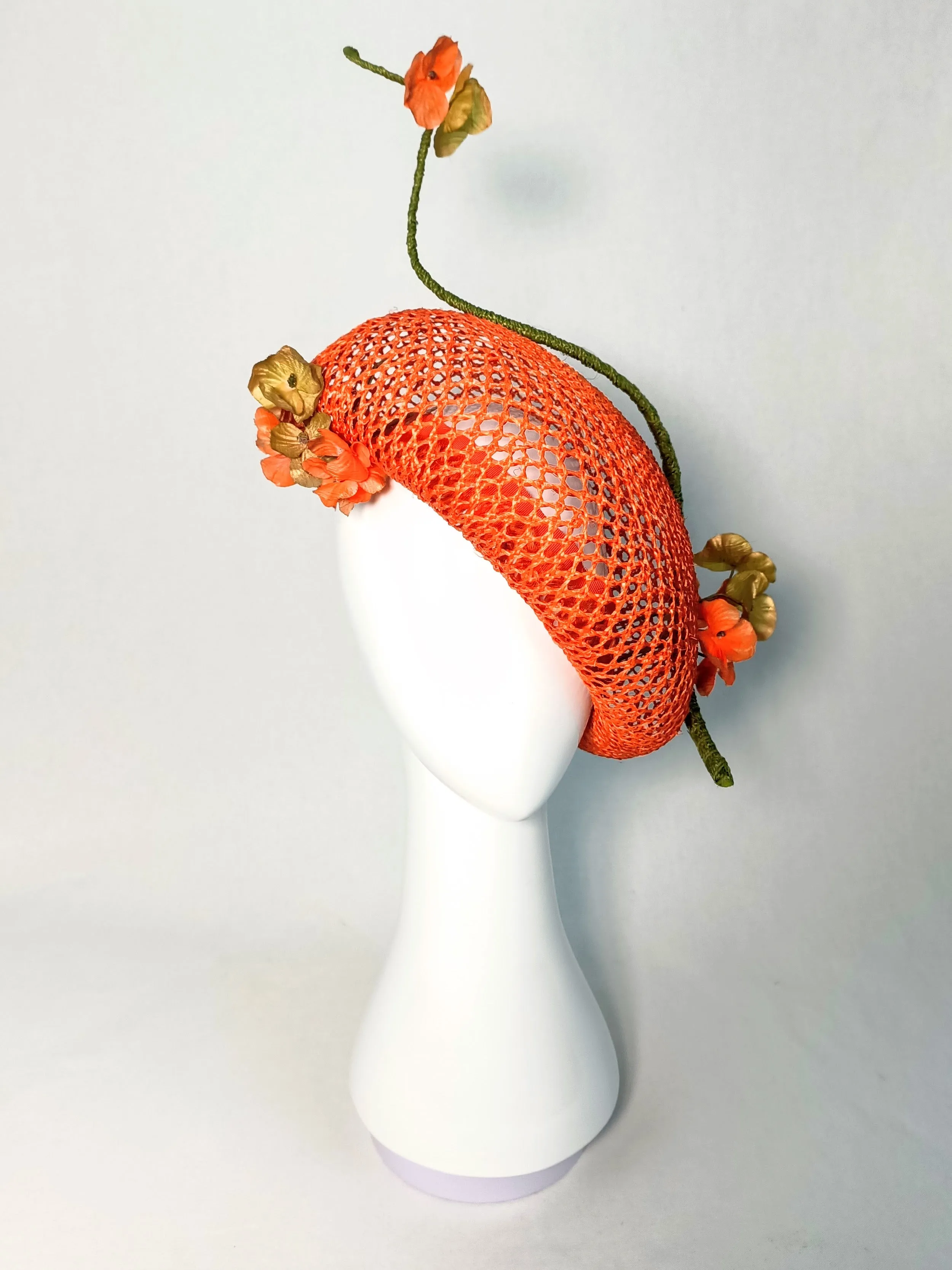 "Yvette" Iridescent Orange Honeycomb Rattan Oversized Straw Beret With Bound Feather Quill and Handmade Flowers