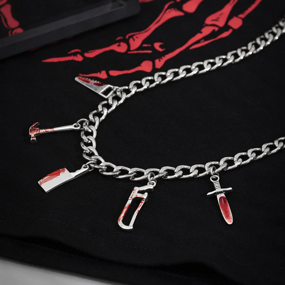Red Enamel & Silver-Plated Weapon Charm Necklace