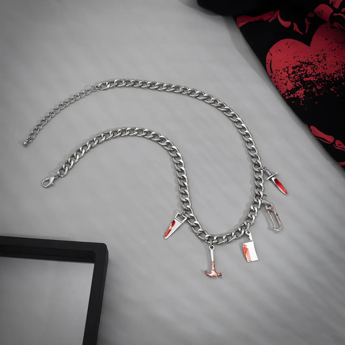Red Enamel & Silver-Plated Weapon Charm Necklace