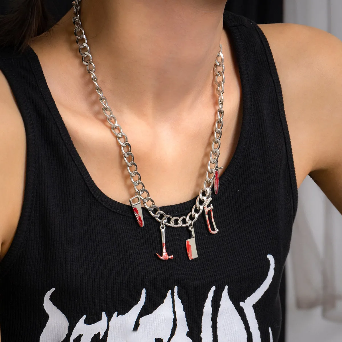 Red Enamel & Silver-Plated Weapon Charm Necklace