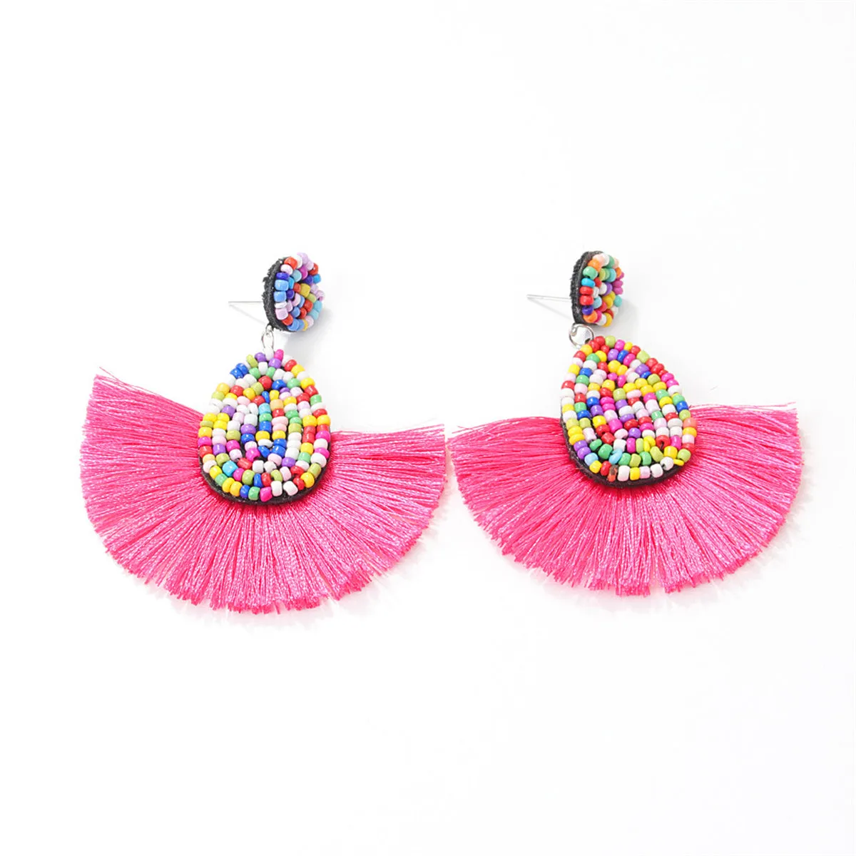 Rose & White Beaded Tassel Drop Earrings
