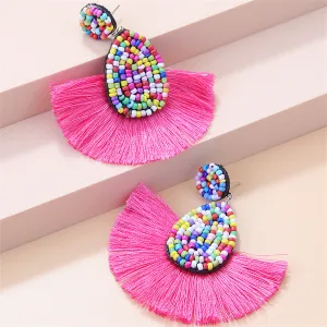 Rose & White Beaded Tassel Drop Earrings