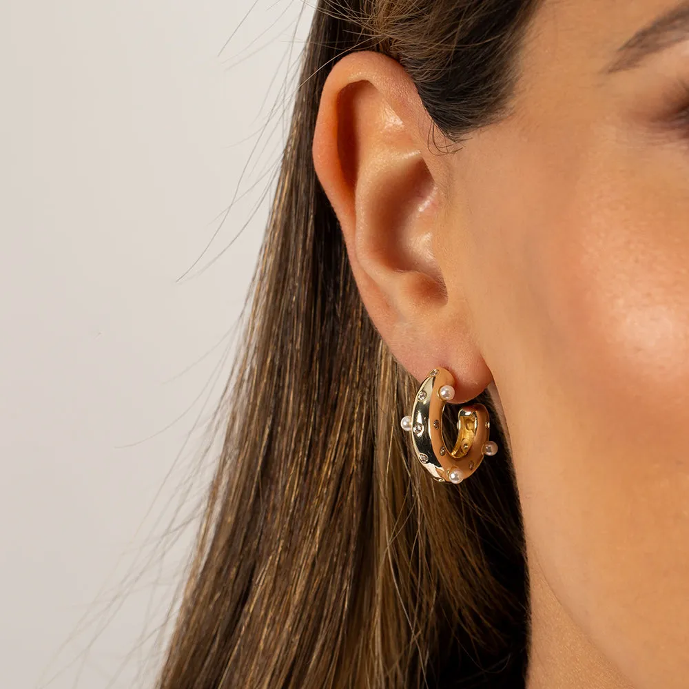 Scattered Pearl & CZ Hollow Hoop Earring