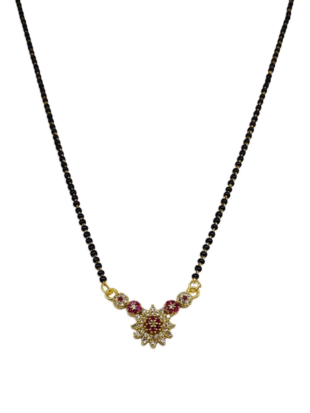 Short Mangalsutra Designs Fancy American Diamond Flower Pendant Black Beads Chain