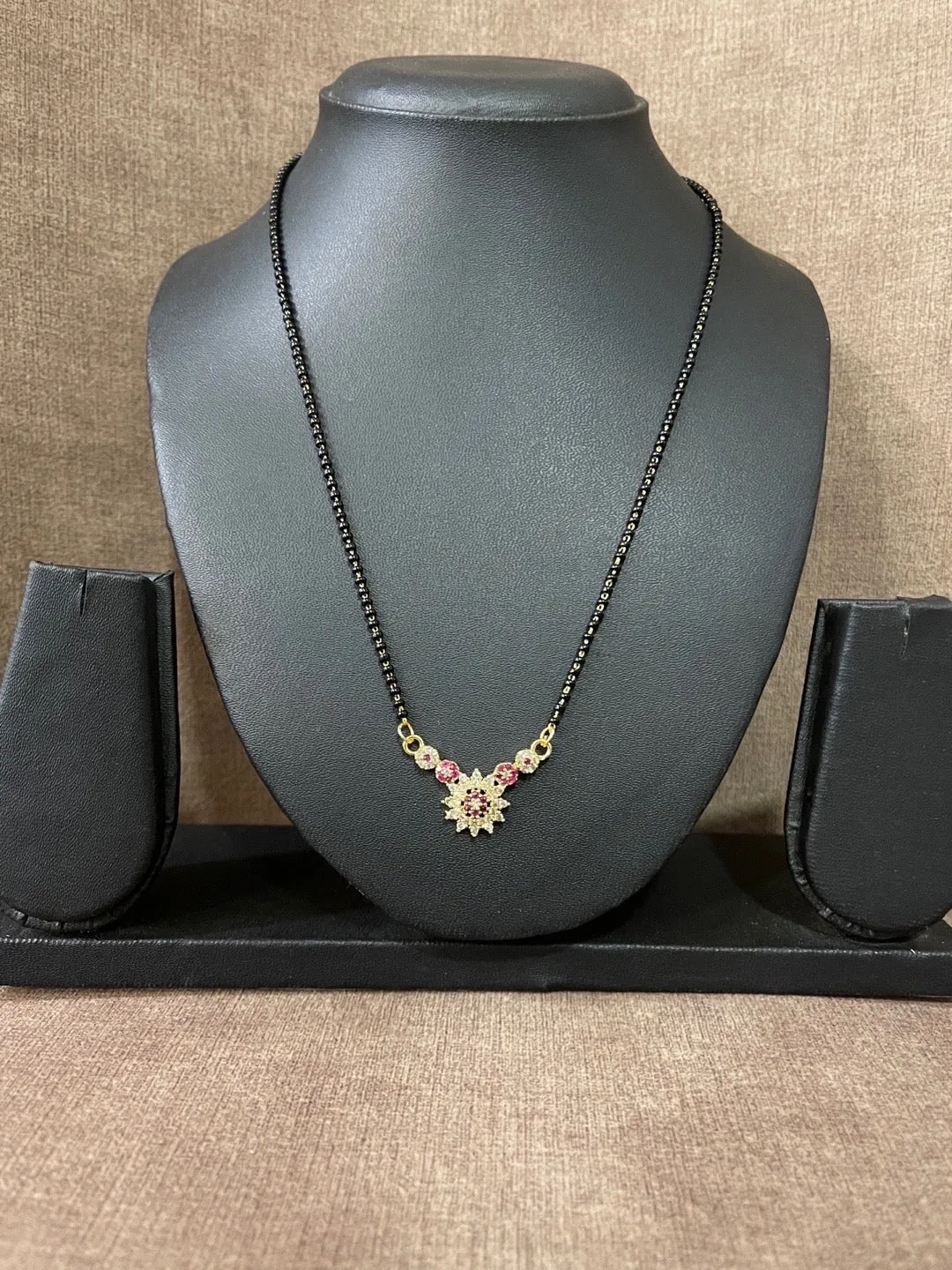 Short Mangalsutra Designs Fancy American Diamond Flower Pendant Black Beads Chain