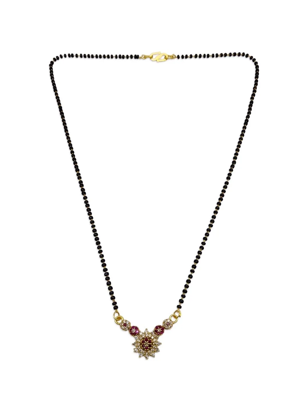 Short Mangalsutra Designs Fancy American Diamond Flower Pendant Black Beads Chain