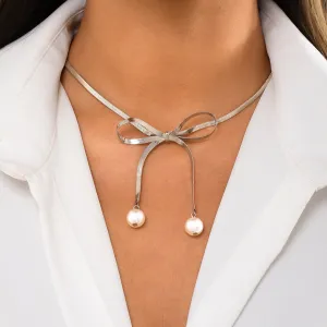 Silver-Plated & Pearl Bow Choker Necklace