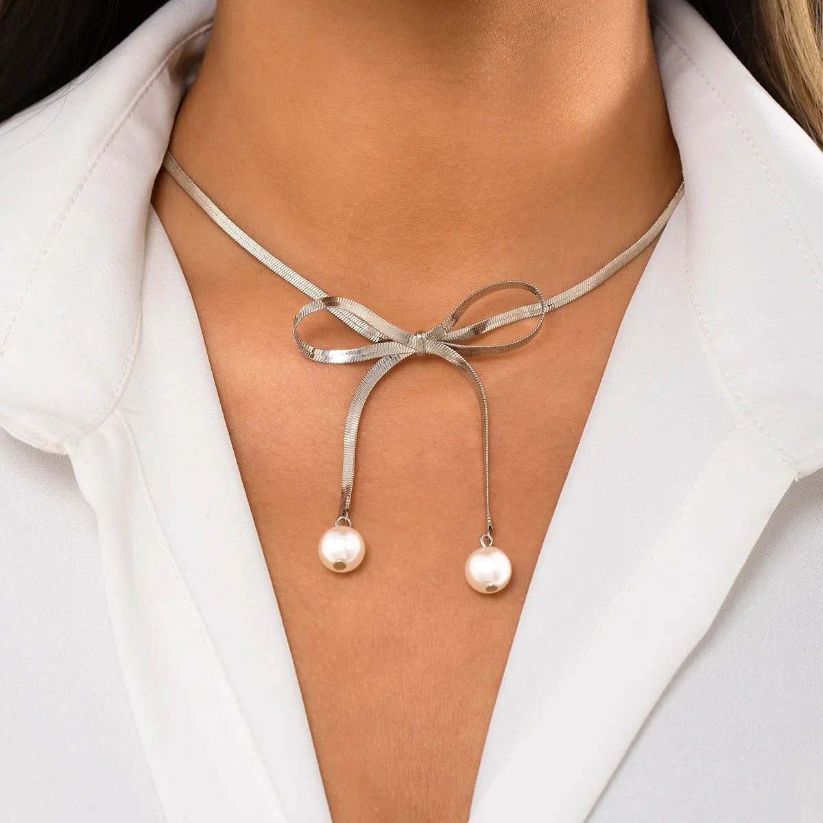 Silver-Plated & Pearl Bow Choker Necklace