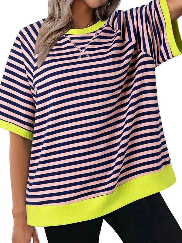 Simple Casual Striped Print Colorblock Shirt