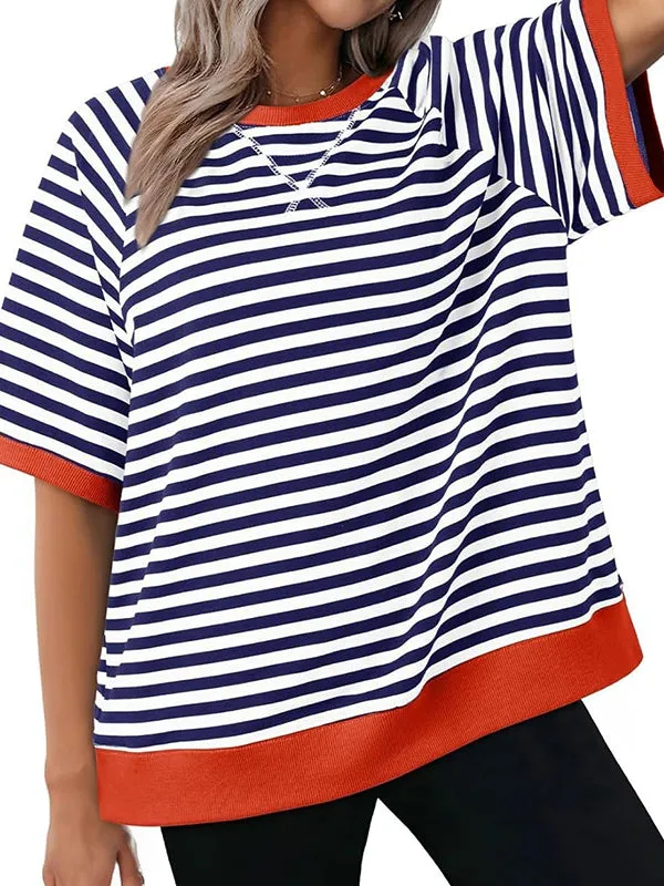 Simple Casual Striped Print Colorblock Shirt