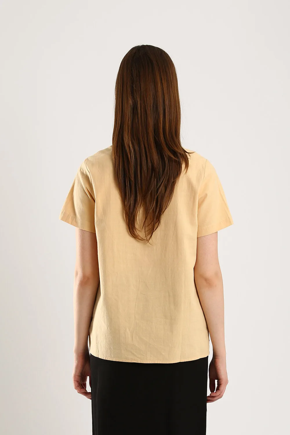 Simple Spirit V-Neck Cotton-Linen Blouse in Yellow
