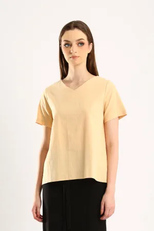 Simple Spirit V-Neck Cotton-Linen Blouse in Yellow