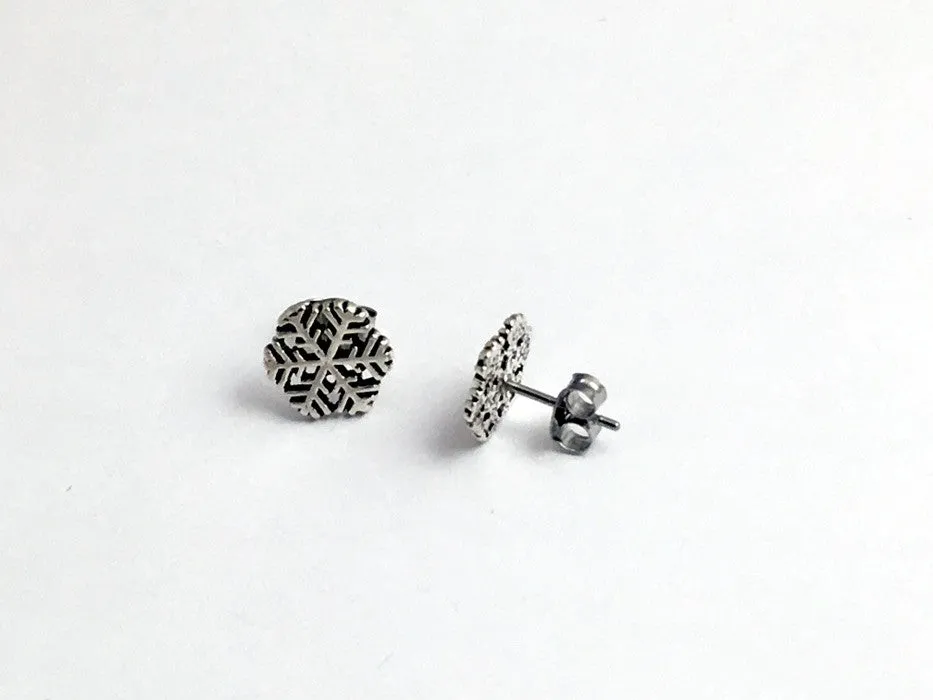 Sterling Silver and Surgical Steel medium snowflake stud earrings- snow, winter