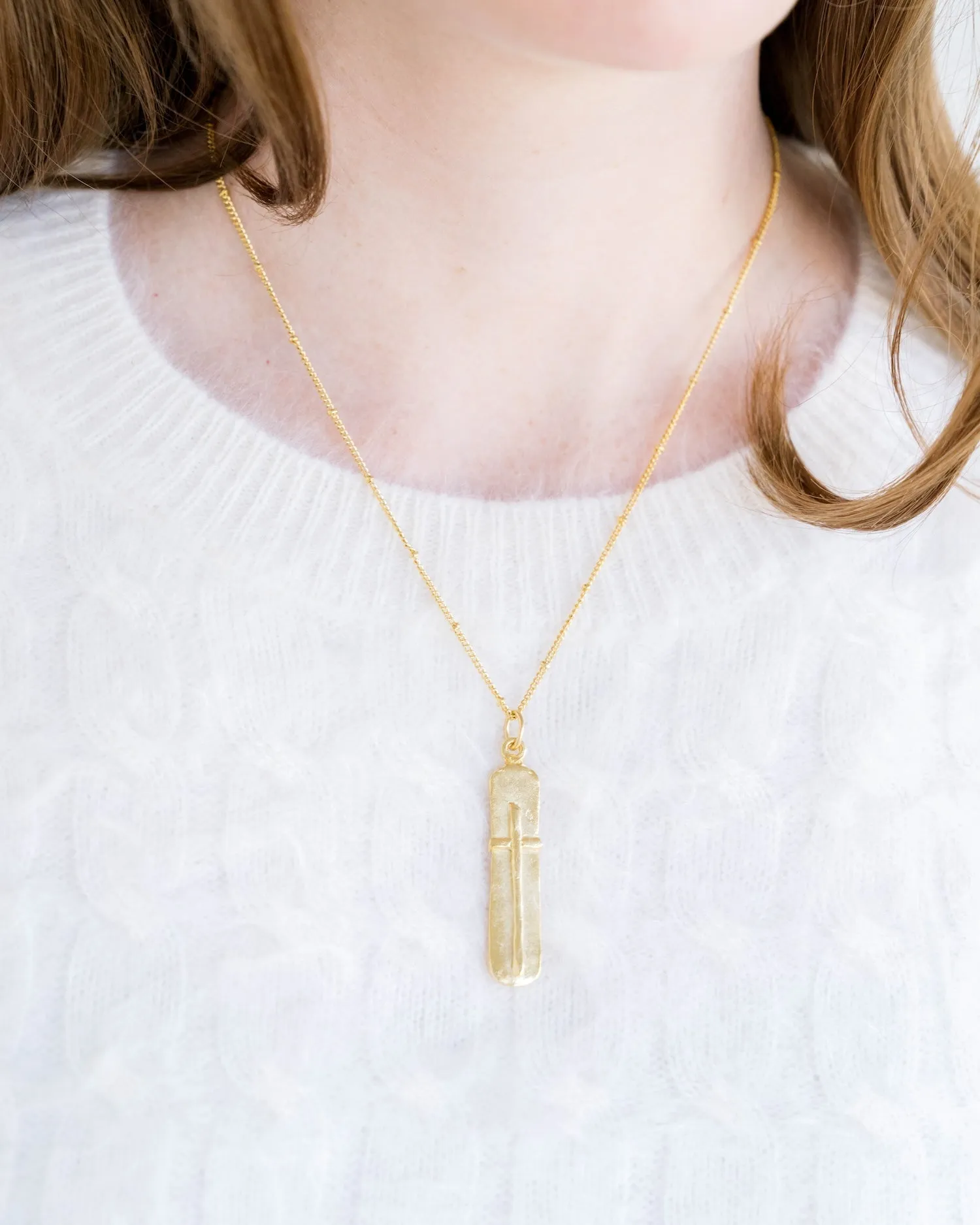 Susan Shaw Bar Cross on 30in Thin Textured Chain Necklace - Gold