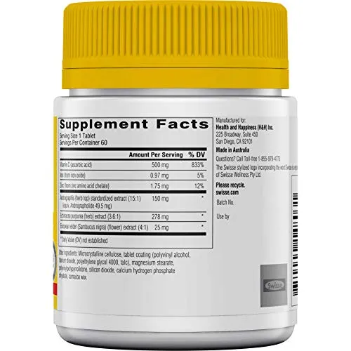 Swisse Ultiboost Immune Forte | Suplemento de apoyo inmunológico con vitamina C, zinc, saúco, equinácea y Andrographis | Refuerzo del sistema inmunológico | 60 tabletas