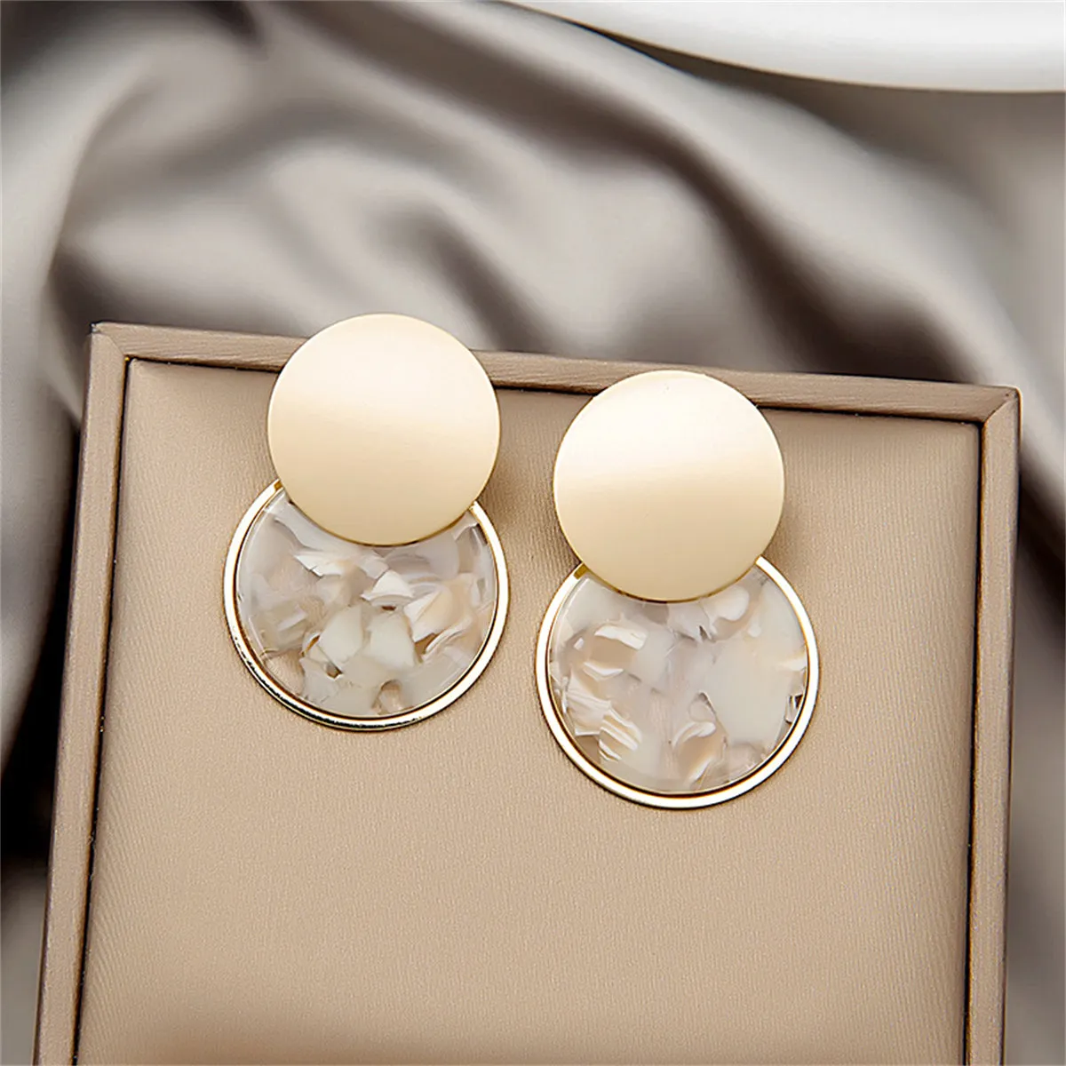 Taupe Resin & 18K Gold-Plated Marbled Round Duo Drop Earrings