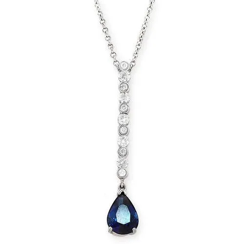 Teardrop Blue Sapphire & Diamond Long Pendant Necklace, 18k White Gold